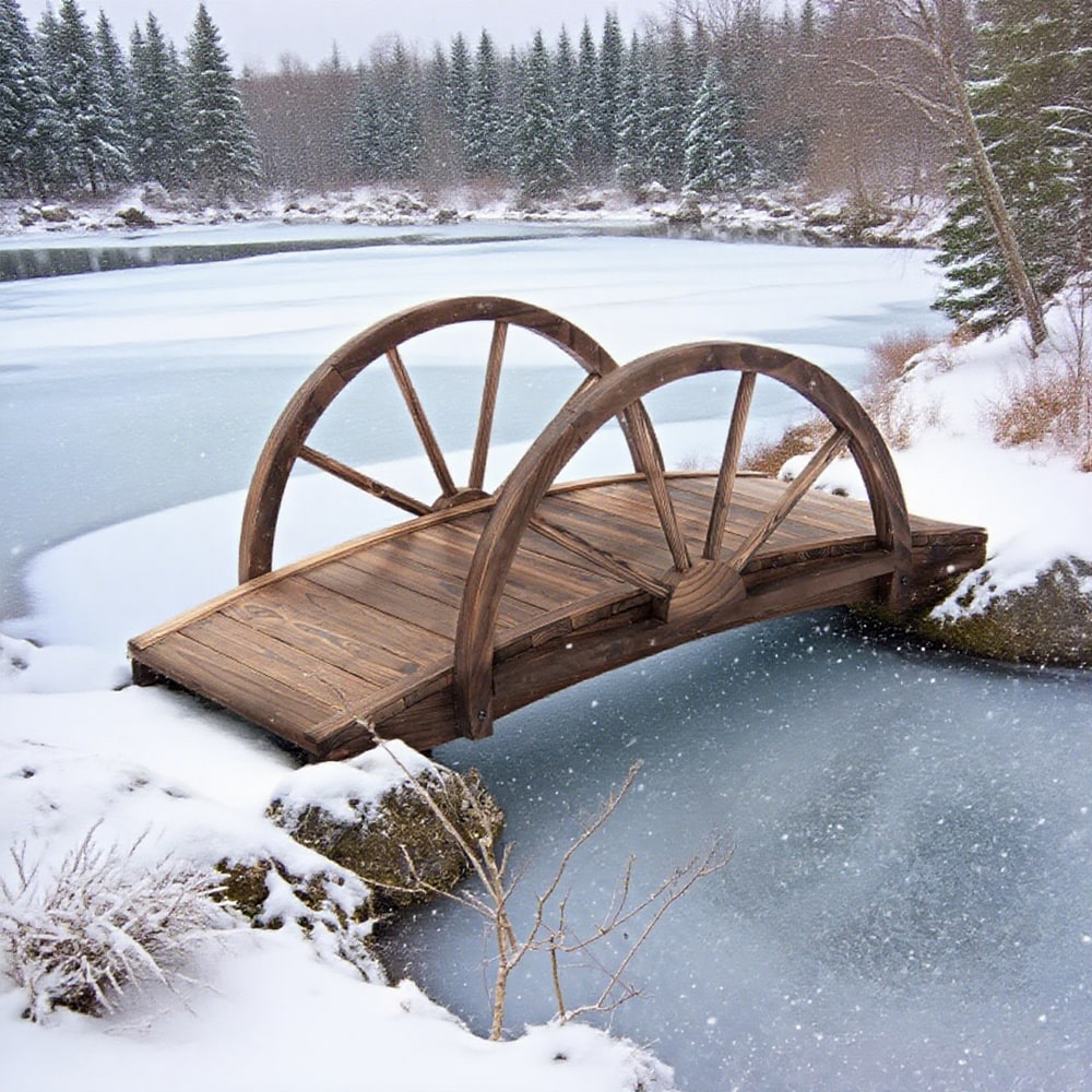 3.3ft Wooden Garden Bridge Arc Footbridge With Half-Wheel Style Railings & Solid Fir Construction, Stained Wood_voghion.com
